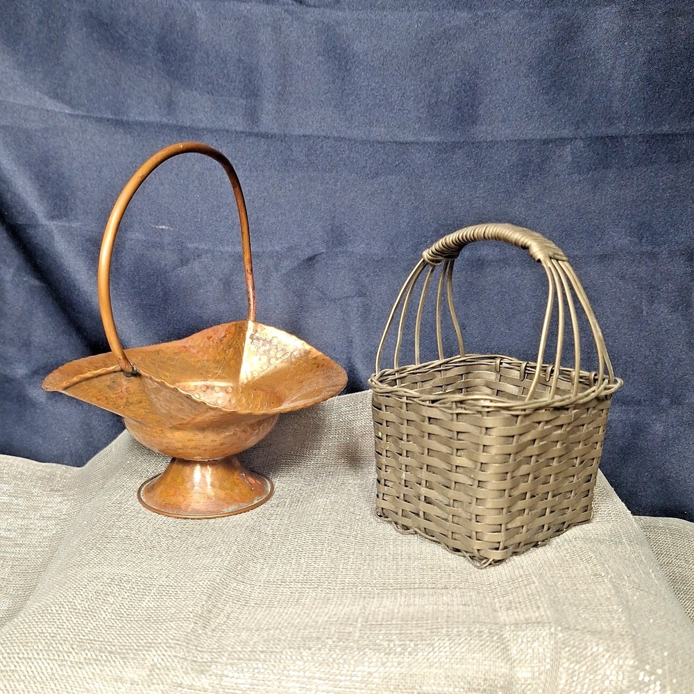2 Mini Vintage Hammered Copper Basket & Metal Weave Handles Metalware Decor MCM